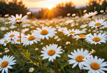 Illustrate a serene landscape with white daisies in the foreground, highlighted by the orange and yellow hues of dusk light filtering through petals, giving a tranquil end-of-day atmosphere.