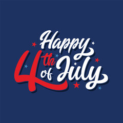 Happy 4th of July hand drawn typography on blue background. 4th of July sticker, stamp, emblem to celebrate Independence Day of USA. Fourth of July poster, banner, template, greeting card.