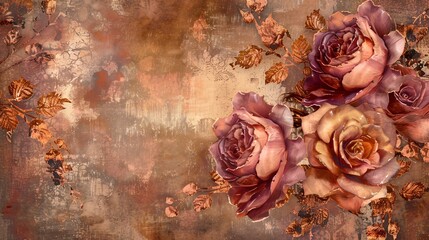 Geometric Introspection: Copper and Regal Roses Against a Vintage Floral Wallpaper Background for Invitation with Space for Writing, Timeless and Romantic Feel with Vintage Floral Color Scheme,