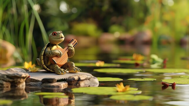 3D Clay Model of Turtle Playing Hammered Dulcimer by Serene Pond