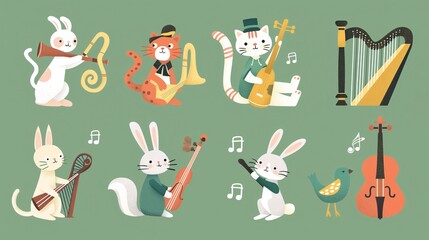 Whimsical Set of Flat Icons - Animals Playing Instruments