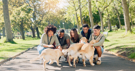Park, friends and people with dogs in nature for walking, playing and training outdoors together. Volunteer, animal park and happy men and women with pets for behavior, bonding and fun together