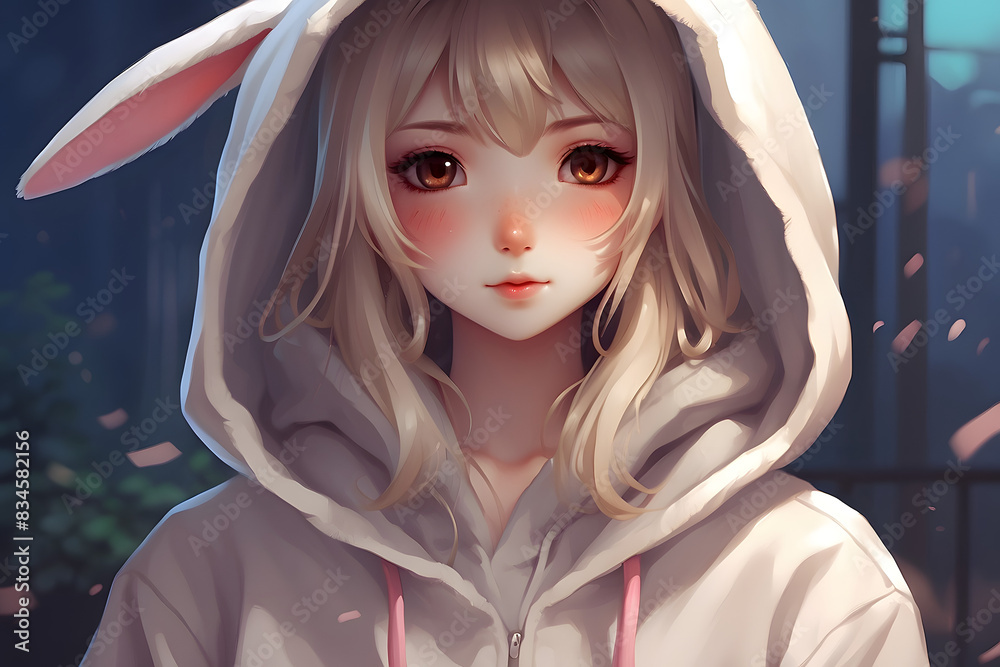 Wall mural A girl with rabbit ears and a hoodie is holding a rabbit