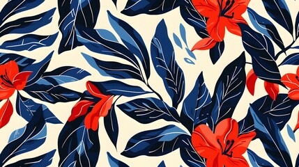 A vibrant and colorful pattern of tropical leaves and flowers in blue and red, creating a bold and lively design.