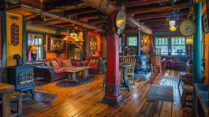 Photo of a rustic cabin living room with vibrant orange walls, wooden beams, cozy furniture, and colorful decor.