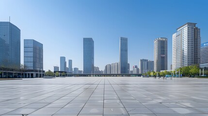 A modern cityscape featuring tall skyscrapers surrounding an open plaza under a clear blue sky, showcasing urban architecture.