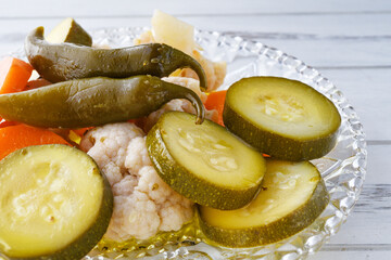 メキシコの野菜のエスカベーチェ  コピースペースあり　
Escabeche,Mexican Pickled Vegetables（Verduras en escabeche,Escabeche de verduras) with copy space

