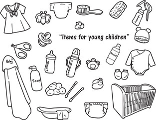 Vector hand drawn style in cute black lines on a white background about baby equipment, newborn, set of essential equipment, feeding bottles, clothes, cleaning supplies, toys.