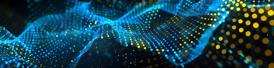 Obraz premium Abstract tech background with blue and yellow dots and lines forming a detailed plexus pattern