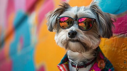 A trendy dog in a colorful outfit, set against a fun and abstract background