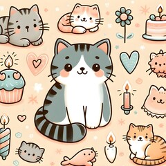 Cute kitten with heart and flowers