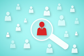 Human Resource Management Concept, Magnifier glass focus to red man icon for human leadership development, recruitment employment and customer target group