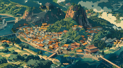 map of Japanese towns, high angle