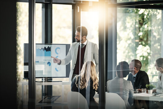 Accounting, business people and budget meeting with charts, fintech and speaker for profit review. Presenter, audit and financial report with technology for graphs and revenue results in office