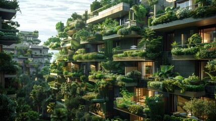 Fototapeta premium A sustainable city with vertical gardens and ecofriendly green tech solutions integrated into urban infrastructure