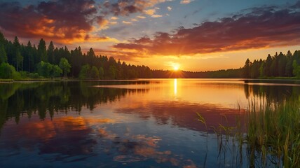 Obraz premium Granater Ai A serene sunset casting vibrant hues over a forest lake, creating a breathtaking natural scene.
