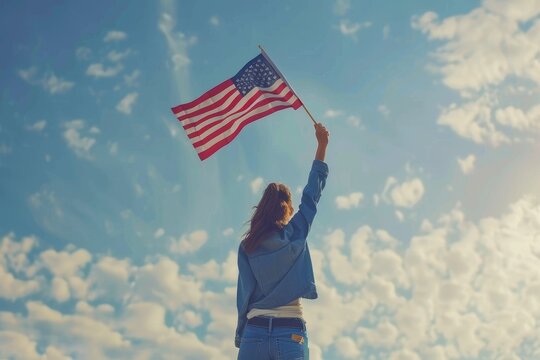 Young woman holding American flag against blue sky, celebrating independence and freedom. Patriotic theme with bright and clear background.