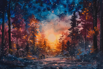 Fototapeta premium A vibrant, colorful painting depicting a magical forest with trees lit by warm sunset light against a starry night sky.