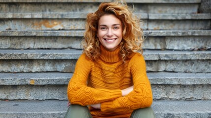 Fototapeta premium A woman, smiling, sits on staircase steps with folded arms and gazes at camera