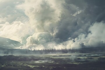 Ash cloud alert landscape with vintage style 