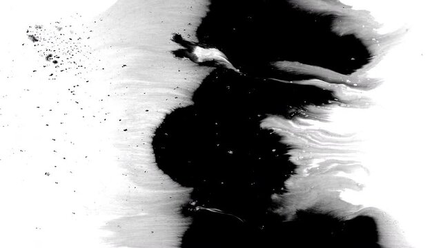 Black ink rorschach effect abstract background artistic flow splatter spots spills white paper beautiful reveal dripping streaks spread fluid ink alpha matte isolated watercolor ink drops transition	