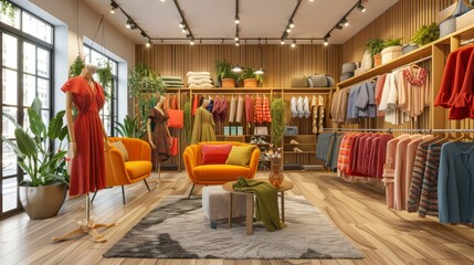 Fototapeta premium A room brimming with numerous clothes A yellow chair positioned before a vast window, adorned with a potted plant atop Rug underneath