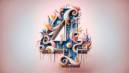 Colorful Illustration of the Number Four Decorated with Flowers and Leaves