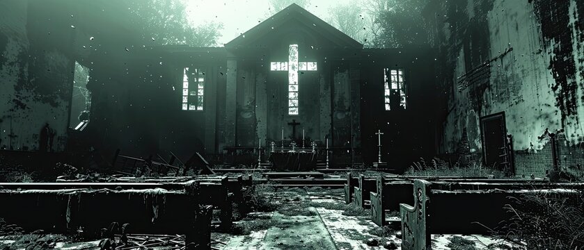 Dark Satanic Imagery: Eerie Abandoned Church with Inverted Cross and Broken Stained Glass Windows Depicting Desecration and Occult Symbolism