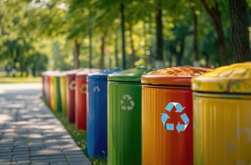 A row of colorful trash cans with recycling symbols on them lined up along the sidewalk, set against an urban park backdrop.