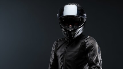 Motorcyclist in a helmet on a dark background with copyspace