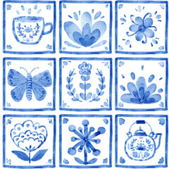Blue ceramic tiles with flowers, plant.  Seamless pattern, digital paper. Butterfly, tea pot, cup illustration