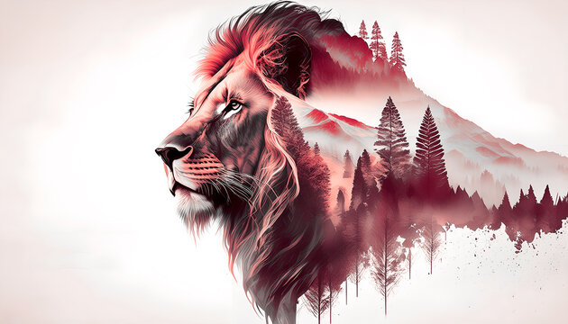 red monochrome Creative photo poster with double exposure with icon of lion "always respect Mother Nature" The concept of the unity of nature , love nature concept book cover and many more