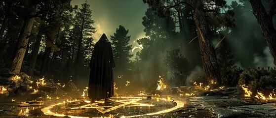 Demonic Ritual in Dark Forest: Hooded Figure with Burning Pentagram