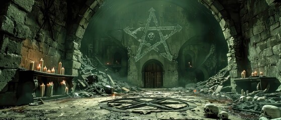 Satanic Ritual: Dark Gothic Room with Pentagram, Candles, and Skulls