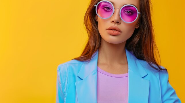  A close-up of a person in a blue jacket, pink sunglasses, and a pink shirt under a blue blazzer, against a yellow background