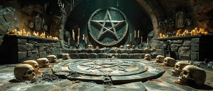 Eerie Gothic Room with Sinister Occult Symbols and Skulls, Creating a Chilling Atmosphere of Devil Worship and Mysticism