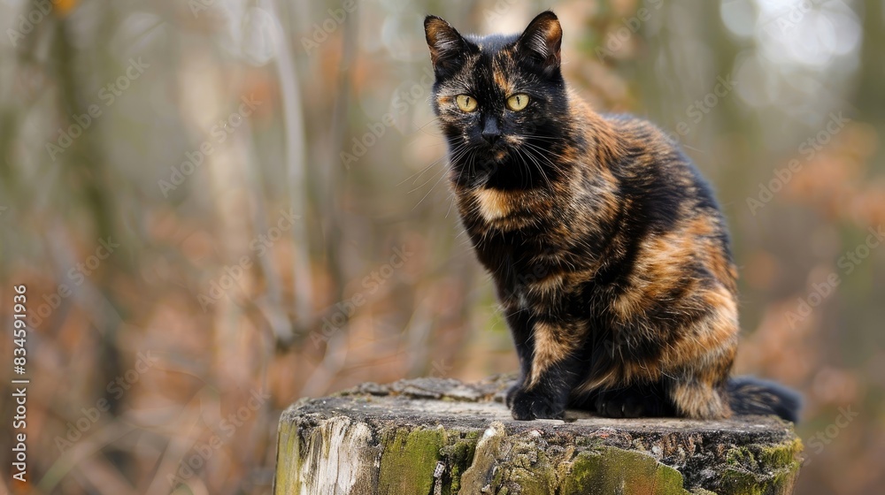 Canvas Prints A British Fold tortoiseshell cat perched on a tree stump in the open air