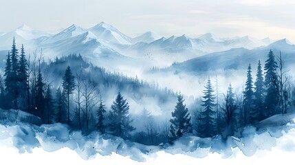 Obraz premium Winter landscape with mountains and pine trees in blue and gray colours. 