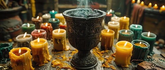 Satanic Ritual: Intricately Carved Black Chalice on Wooden Table with Candles and Dark Liquid
