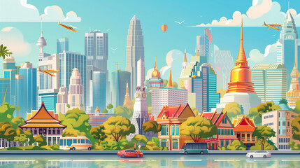 childrens illustration cartoon style cityscape of Thailand.