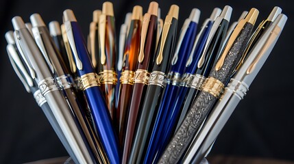 A collection of personalized ballpoint pens with names or messages engraved on them, presented in an elegant and thoughtful arrangement, perfect for showcasing the special touch that personalized