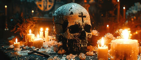 Satanic Ritual Altar: Close-up of Black Dagger, Skull, and Burning Candles with Dark and Mysterious Symbols and Artifacts for Occult Ceremony Photography