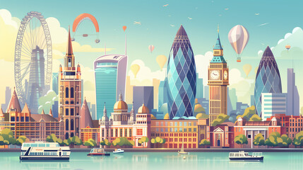 childrens illustration cartoon style cityscape of London