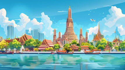 childrens illustration cartoon style cityscape of Thailand.