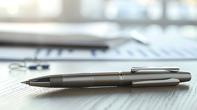 A corporate office desk setup with a ballpoint pen and documents, capturing the professional use of pens in business environments, ideal for representing productivity and organization