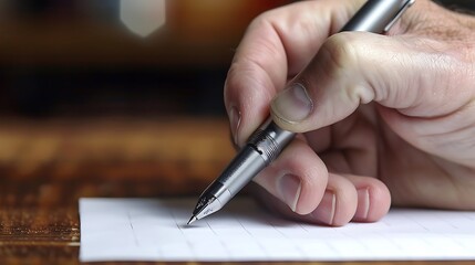 A close-up of a hand gripping a ballpoint pen, poised to write on a piece of paper, capturing the tactile and personal experience of writing, ideal for illustrating the connection between writer and