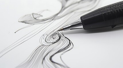 A ballpoint pen creating a continuous line drawing, with the pen tip in focus and the line trailing off into a detailed sketch, emphasizing the smooth flow and precision of ballpoint pen ink