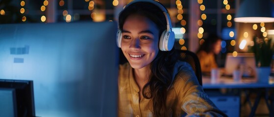 Obraz premium customer service, a woman wearing headphones is smiling while sitting at her desk in front of the computer screen, other people working late into the night.