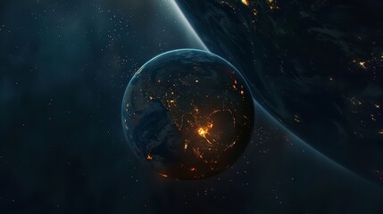 Obraz premium Nightly Planet Earth in Dark Outer Space, Civilization Lights