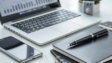 A professional workspace with a ballpoint pen placed beside a laptop, planner, and smartphone, capturing the essential tools for productivity in a modern office setting
